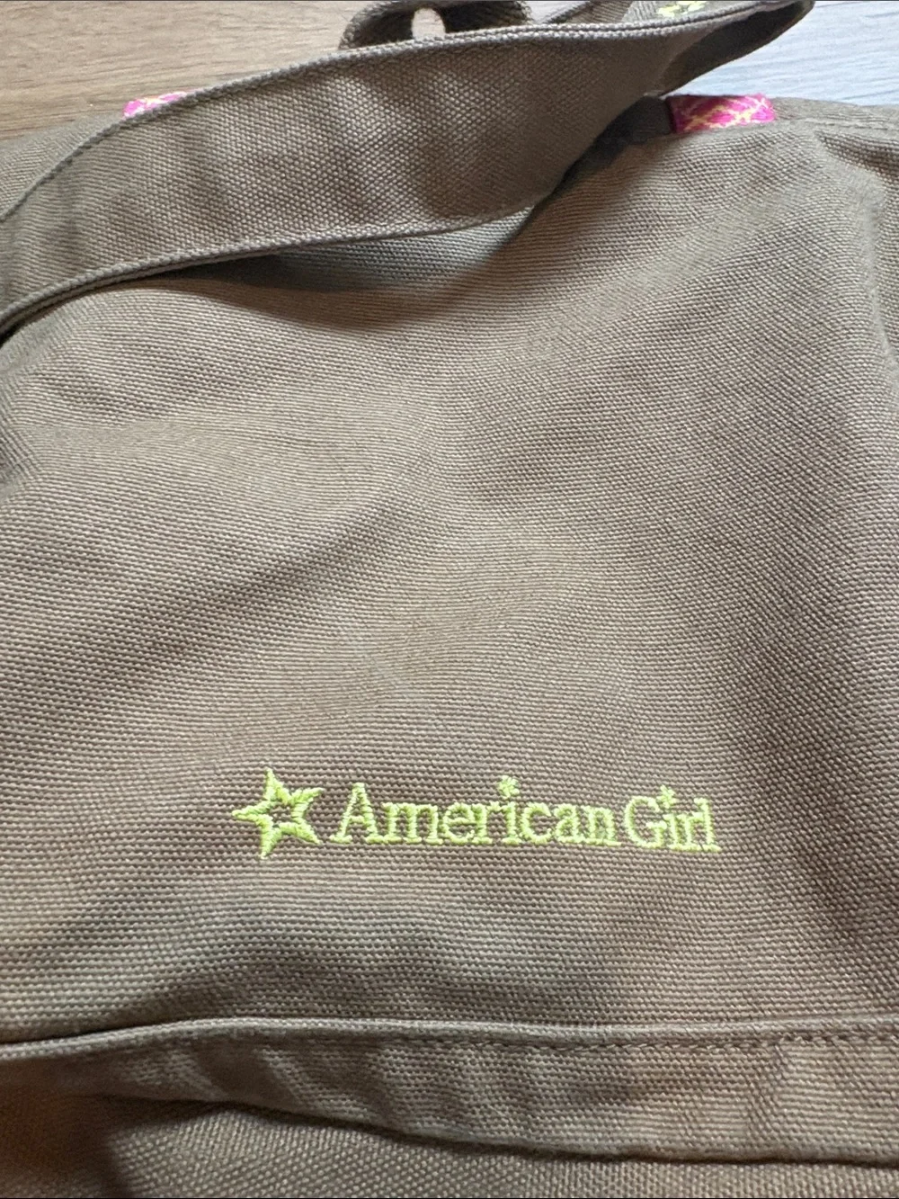 American Girl Brown Canvas Crossbody with Pink Patterned Straps